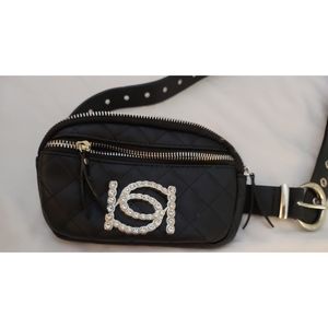 BEBE WOMEN'S BLACK WAIST BAG BELT WITH BB LOGO & RHINESTONES
